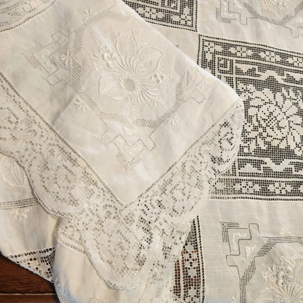 Vtg Filet Lace And Embroidered Panels Patchwork Tablecloth Cottagecore 66 X 88